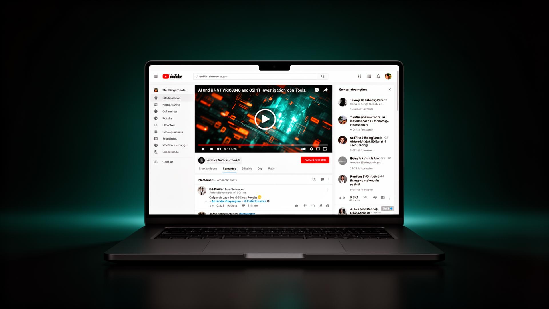 Laptop exibindo um vídeo no YouTube sobre IA e ferramentas de OSINT